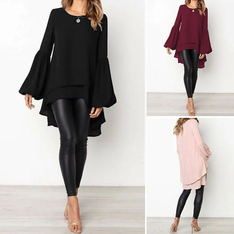 

Женская Асимметричная рубашка с рукавами-фонариками и круглым вырезом