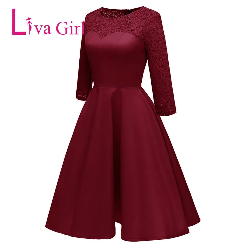 LIVA GIRL элегантное бордовое приталенное платье для женщин осень зима сексуальные кружевные миди платья вечерние платья XXL офисные платья