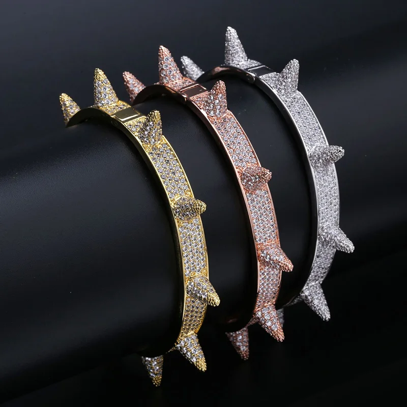 

Micro Paved AAA Cubic Zirconia Stone Rivet Spike Open Cuff Bangle Women CZ Bracelet Men Hip Hop Bling Iced Out Rapper Jewelry