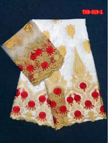 Белый Shadda кружева Базен Riche Getzner с золотом и красной вышивкой цветочным рисунком в