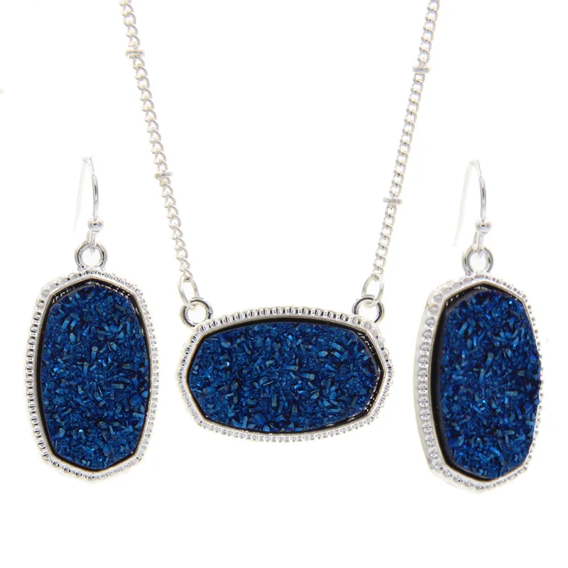 Blue YJX Серебристый Овальный кулон ожерелье с серьгами комплект ювелирных изделий блеск друзы падение бутик - Окраска металла: Blue