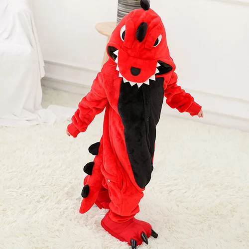 red dinosaur Детские пижамы с единорогом из мультфильма; зимние пижамы кигуруми для мальчиков и девочек; одежда для сна из кораллового флиса; теплый пижамный комплект - Цвет: red dinosaur