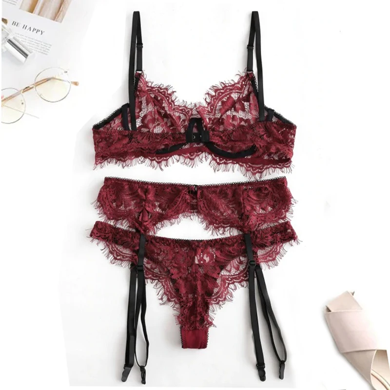 Aduloty Babydolls прозрачное сексуальное нижнее белье комплект нижнего белья с контрастной окантовкой на косточках с кружевной подвязкой-красное Вино