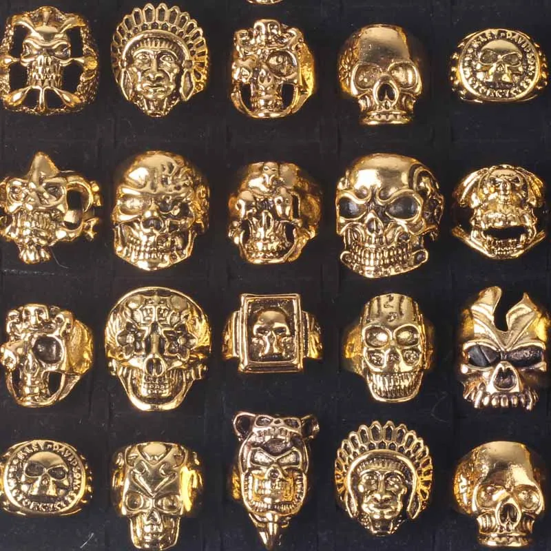 

Wholesale Lots Mixed 20pcs Top Gothic Punk Assorted Skull Style Bikers Women's/men's Vintage Jewelry Rings 17-21mm (Color: Gold)