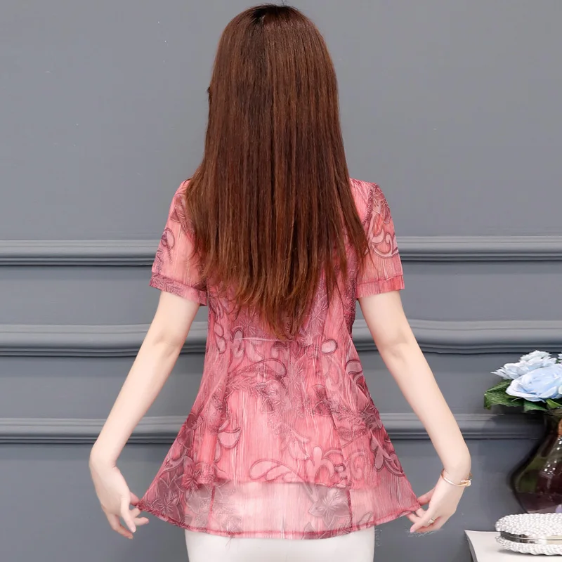 Chiffon Blouses Shirts Womans Short Sleeve Office Lady Work Patchwork Floral Print Beaded Blouse Faux Two Piece 4XL 3XL M019 |