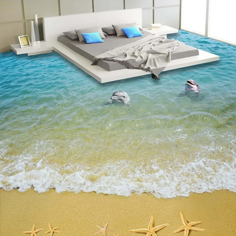 3D Пол Mural песчаный пляж море волны океана Дельфин Водонепроницаемый