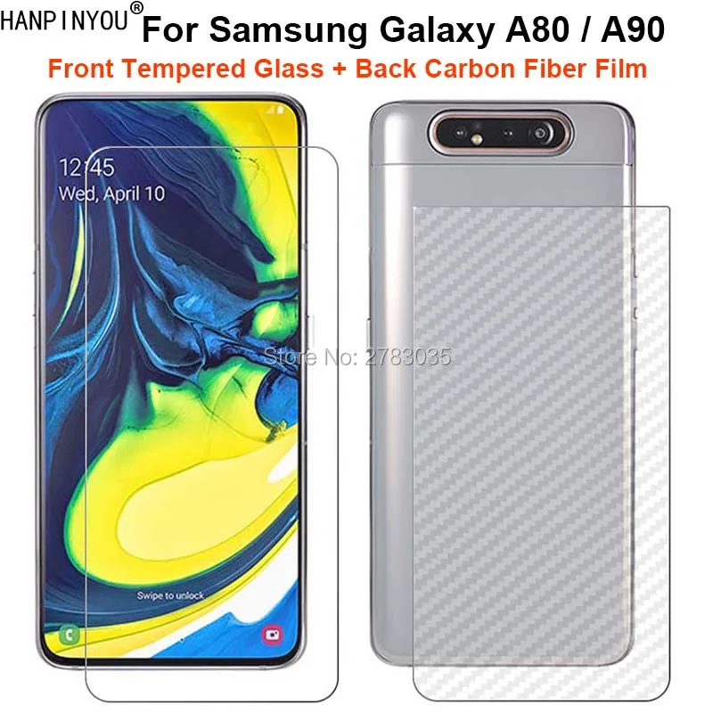 Для samsung Galaxy A80/A90 6," 1 комплект = мягкая задняя пленка из углеродного волокна+ ультратонкая прозрачная защитная пленка из закаленного стекла для переднего экрана