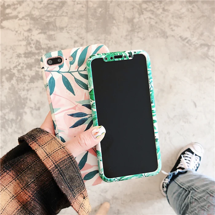 Для iphone 7 7 plus Роскошные 360 Чехлы, передняя и задняя матовая крышка coque для iphone X 6 6 S 6splus 8 8 plus тропический цветок лист чехол