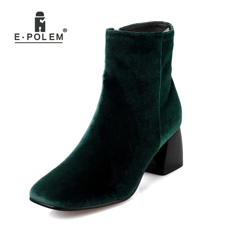 Флоковые кожаные сапоги для женщин квадратный носок ботинки Martin толстый каблук