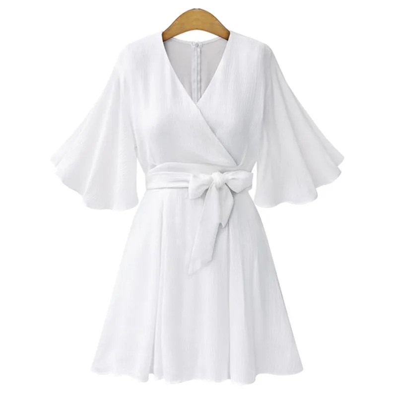 Женское летнее платье с V образным вырезом и поясом бантом|Женские платья| |