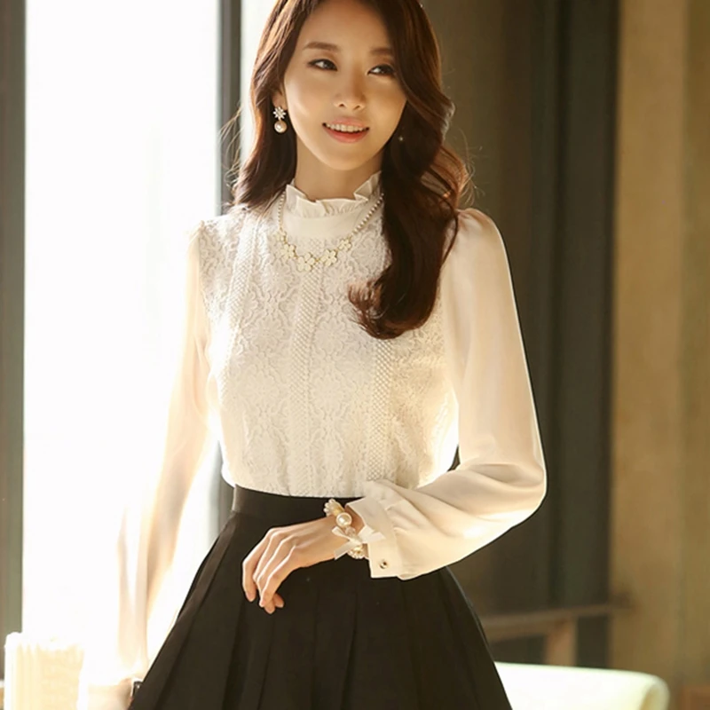 

Manubeau White Blouse Long Sleeve Blouse Stand Neck Women Tops and Blouses Lace Office Shirt Lady Blouse Shirt Blusas Camisa