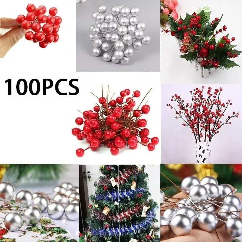 Серебристый Urijk 100 шт Искусственный Красный Холли Берри Рождественский Декор на проволоке комплект гирлянды венок поддельные фрукты Декор Свадебная вечеринка Декор - Цвет: Серебристый