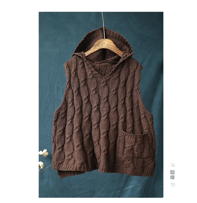 Spring vest Women Retro Large size Loose Pullovers Knitting Tops Hooded Button pocket Casual 2019 Ladies Mori girl | Женская одежда
