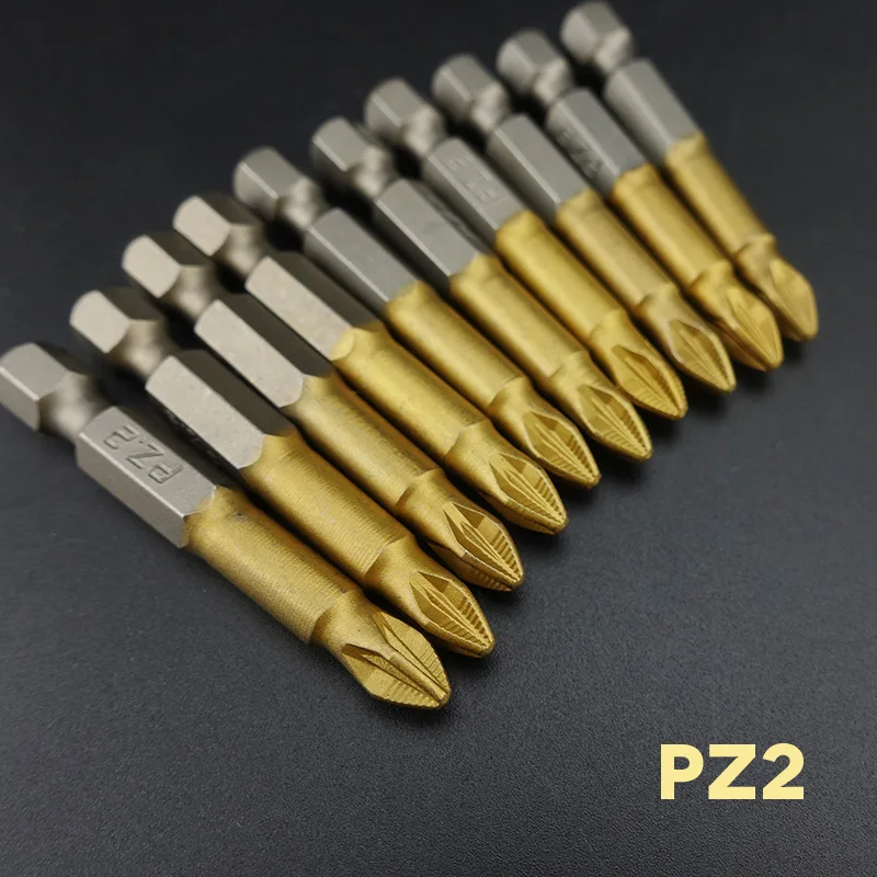 10 unids/lote 50mm-127mm S2 Titanize puntas de Pozidrive hexagonal apuñalado antideslizante destornillador magnético de una sola cabeza PZ1 / PZ2 / PZ3