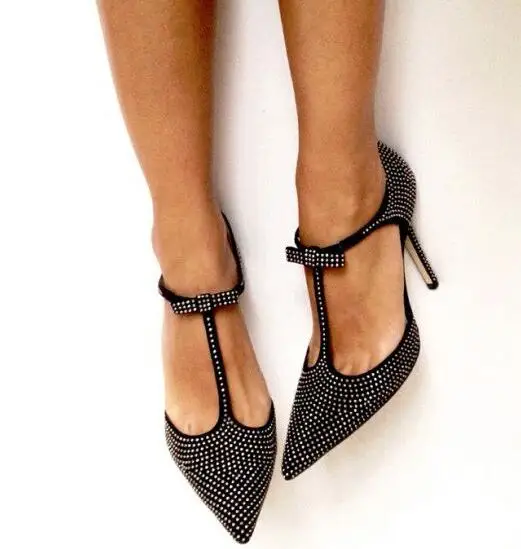 

Moraima Snc Black T Strap Pumps Pointy Toe Sequined Stiletto Heels Crystal Embellished Butterfly-knot Party Wedding Shoes Woman