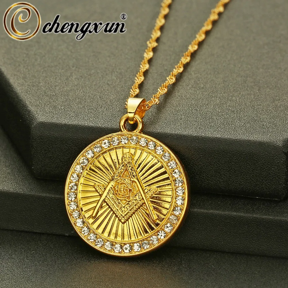 CHENGXUN в стиле хип-хоп золотого цвета, масонские Ожерелья С масоном, Bling Compass G, подвески, ювелирные изделия с кристаллами, масонские подарки в виде храма для мужчин и женщин