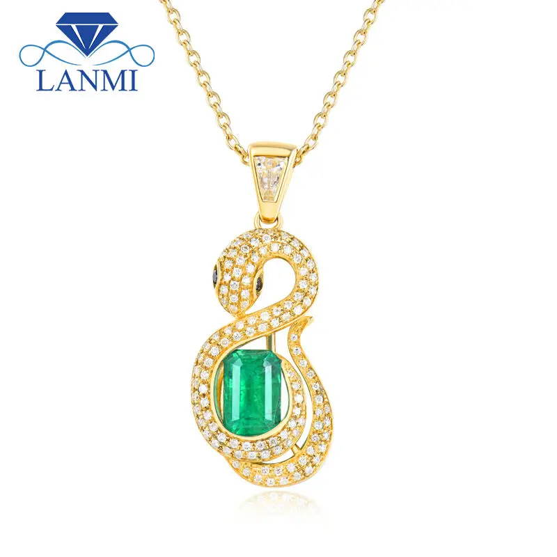 

LANMI Snake Shape Pendants Solid 18Kt/AU750 Yellow Gold Diamonds Natural Emerald Pendant For Women Without Necklace Chain