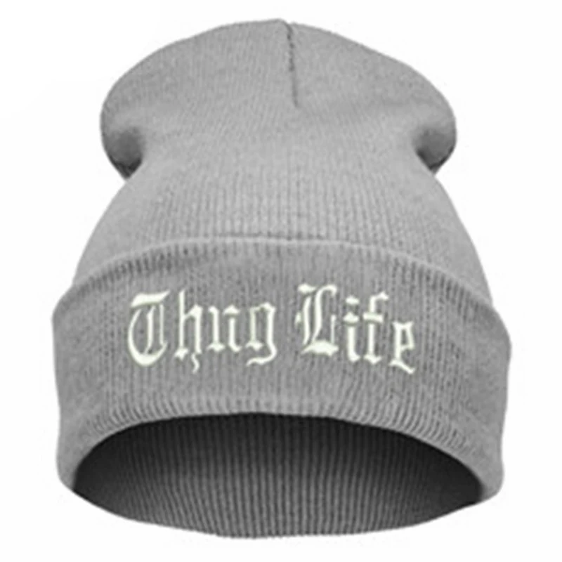 Черная шапка с надписью для мужчин THUG LIFE, шерстяные вязаные шапки, мужские и женские зимние шапочки с черепами, Женские повседневные Шапки, Шапки - Цвет: Light Gray