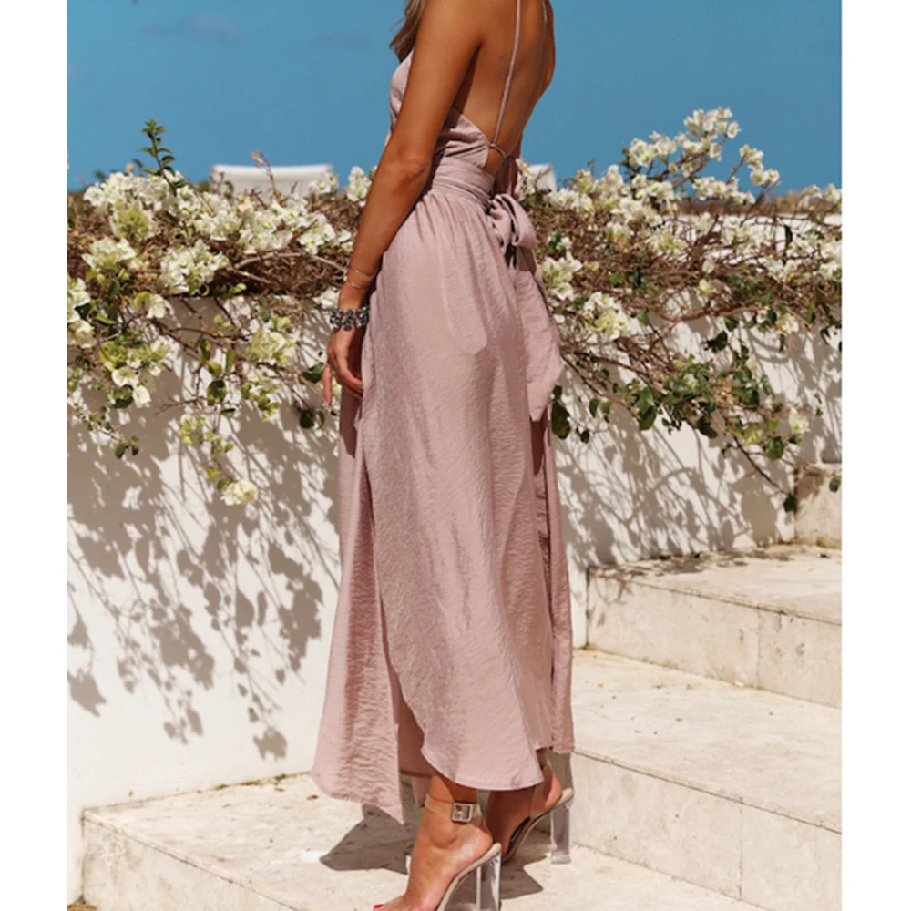 Платье женское длинное розовое без рукавов пикантный вечерний сарафан с лямкой