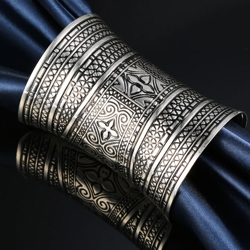 1pc Boho Ethnic Vintage Metal Color Flower Carving Totem Open End Cuff Bangle Cross Bracelet Armlet Women Jewelry Gift