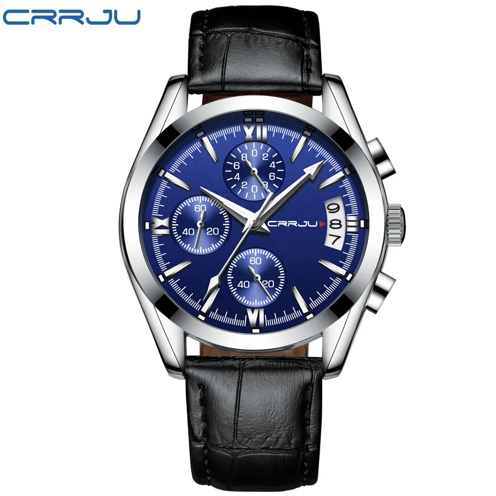 silver blue CRRJU мужские часы люксовый бренд многофункциональные мужские спортивные кварцевые часы мужские Водонепроницаемые кожаные деловые часы мужские наручные часы - Цвет: silver blue