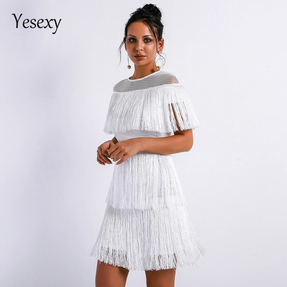 Yesexy женское сексуальное платье с круглым вырезом и коротким рукавом, женское элегантное облегающее платье с кисточками Vestdios VR9341-1