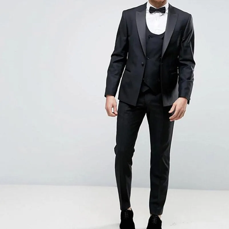 

2018 Three Piece Black Business Men Suits Peaked Lapel Custom Made Wedding Groom Tuxedos Formal Men Suits (Jacket+Pants+Vest)