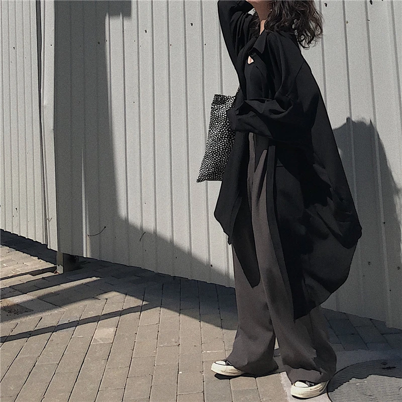 long trench coat plus size single breasted shirt solid color big pockets women coats vintage abrigo largo mujer
