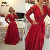 promotion 2018 a line evening gown deep v neck full sleeve lace draped bow red long party evening dress for women