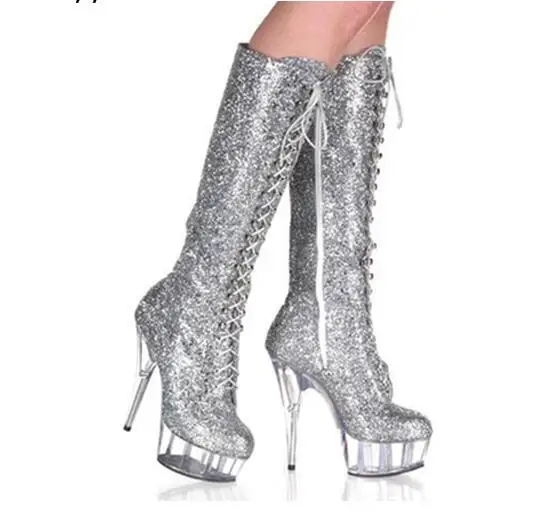 

2021 fashion knee high Cross-tied Woman silver long boots Female Shoes Thin Heel PVC Platform Boot