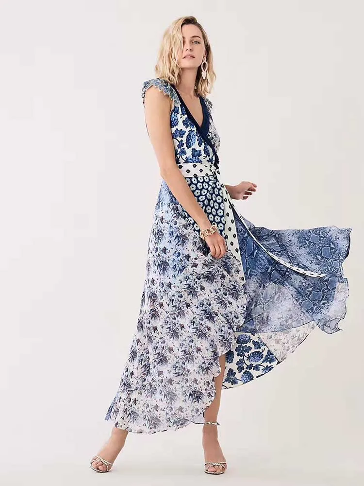 VERDEJULIAY Runway Summer Dress Women Luxury New Fashion Patchwork Dot Flower Print V-Neck Irregular Sexy Dress Vestidos