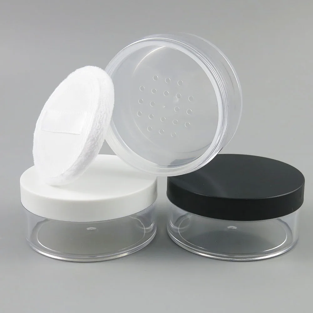 

50g 50ml Empty Plastic Clear Makeup Jar Cosmetic Cream Face Powder Blusher Foundation Container With Sifter & Black White Cap