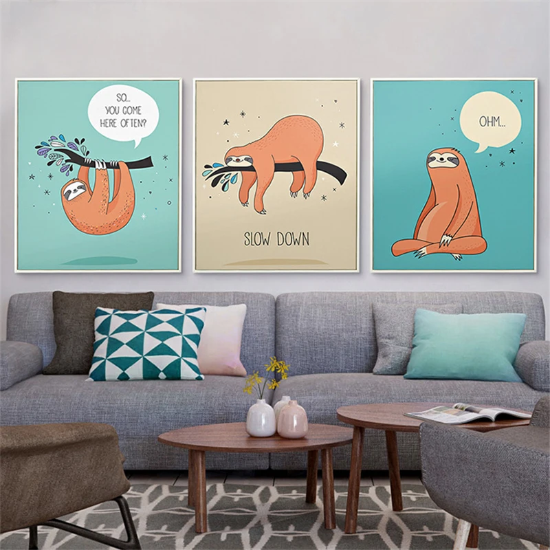 Картина HAOCHU Ленивец На дереве Take Your Time с мультяшным животным на холсте для