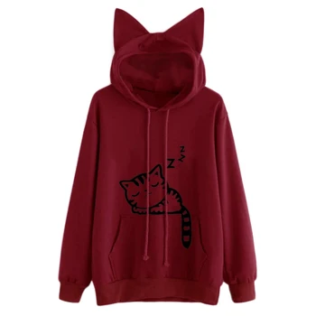 New Fashion Cat Ear Hooded Sweatshirts Tops Womens Cat Printed Long Sleeve Hoodies Pullovers 1