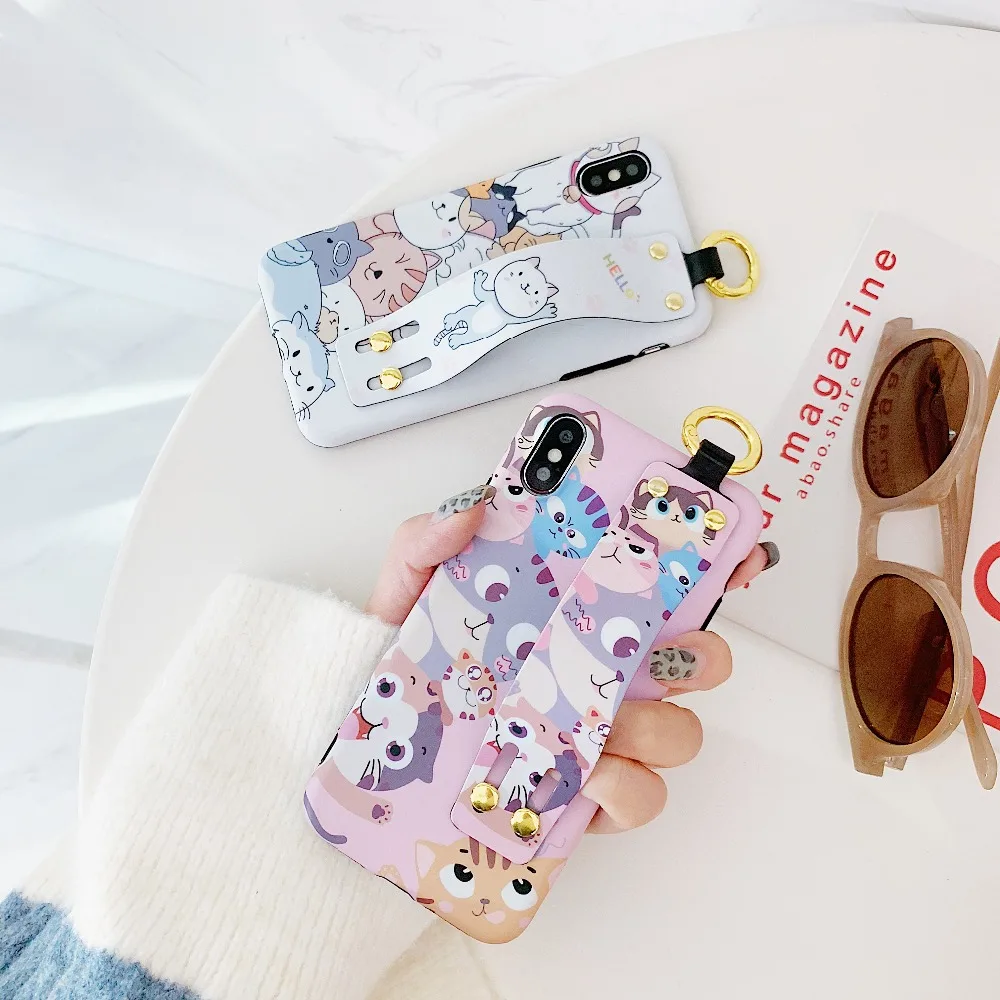 ORYKSZ Cartoon Cat Hand Strap Phone Case For iPhone 7 8 Plus Silicone Soft Cases XR XS Max 6 6S Back Cover |