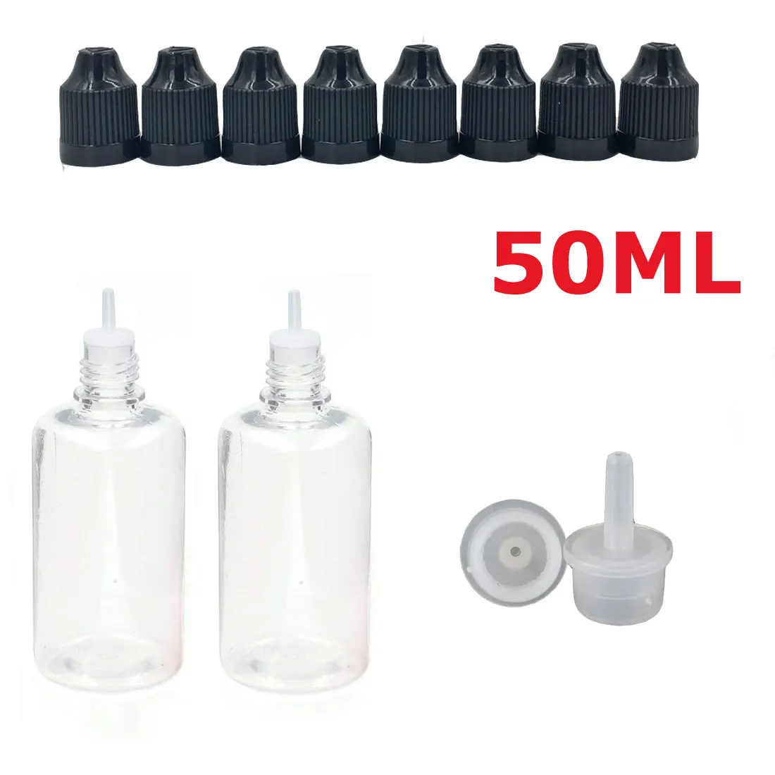 50ML x 10PCS 10 шт. х 3 мл-100 мл ПЭТ Прозрачный флакон-капельница пустые пластиковые бутылки для сока и жидкого глаза многоразовые контейнеры с черными колпачками капельницы - Цвет: 50ML x 10PCS