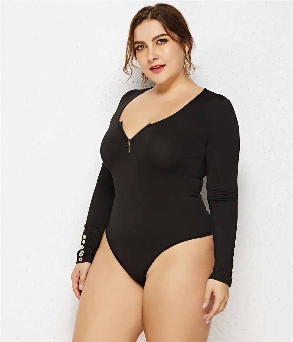 5XL6XL женский комбинезон с длинным рукавом и О-образным вырезом, облегающий женский сексуальный боди черного и белого цвета, трикотажный комбинезон размера плюс, женский комбинезон на молнии