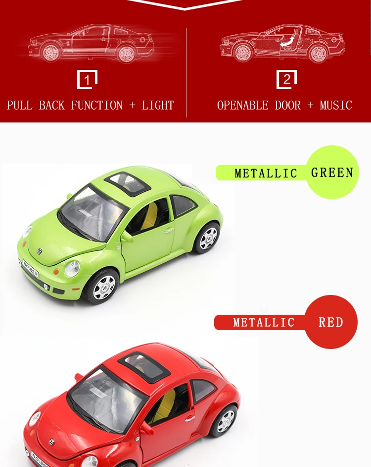 1/24 масштабная литая Модель Коллекционная машина Beetle, подарок для мальчиков, металлические игрушки с открывающимися дверцами/функция оттягивания/музыка/светильник