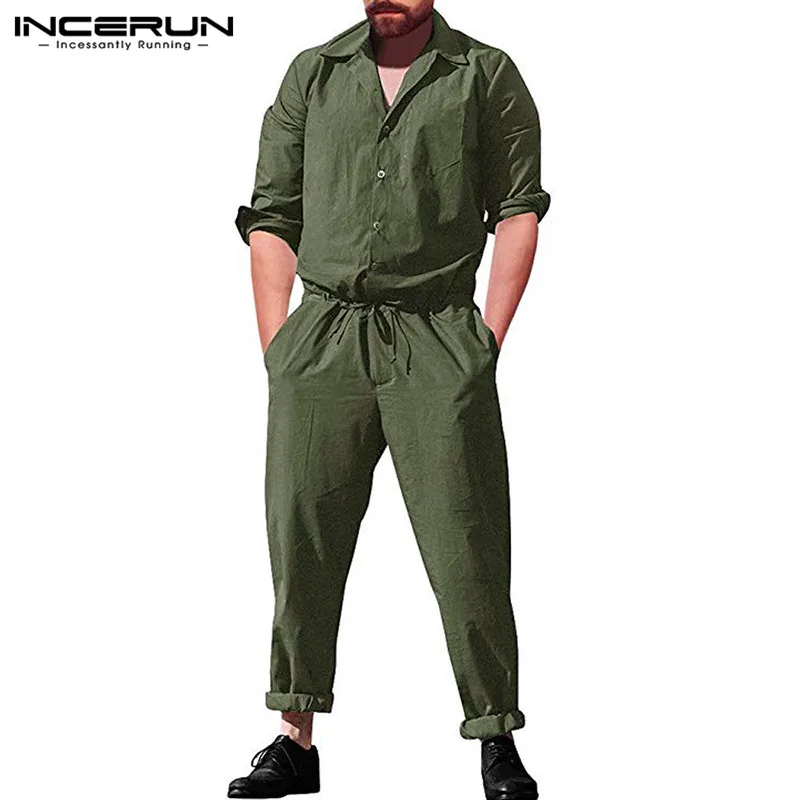 INCERUN, одноцветные, модные,, мужские, широкие, свободные, сиамские брюки, длинный рукав, карман, уличная одежда, рабочая одежда, мужской комбинезон, 5XL