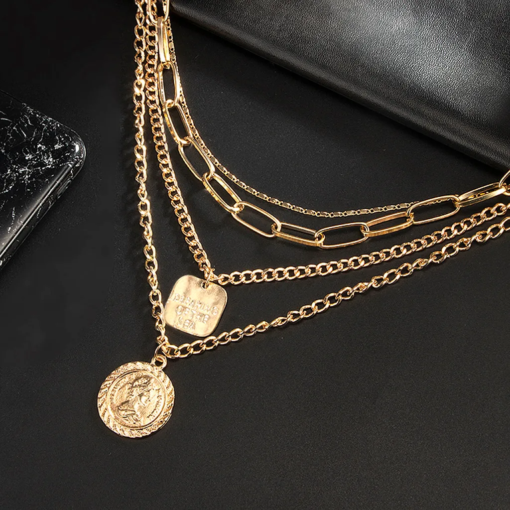 

2019 Fashion Gold Ladies Necklace Retro Portrait Coin Pendant Exaggerated Geometric Alloy Multilayer Necklace C507