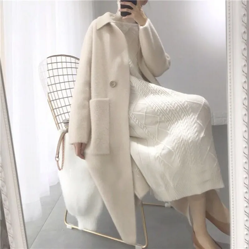 

Artificial Mink Cashmere Comfortable Long Sweater 2019 Winter Warm Cardigans knit Full Sleeve Office Lady Soft Tops Coat