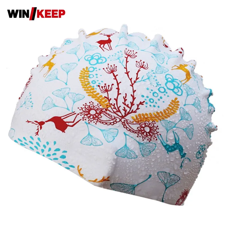 

Summer Unisex 3D Floral Printed Ear Protection Swimming Cap Elasitc Waterproof Swimwear For Long Hair Piscine Sportswear Caps