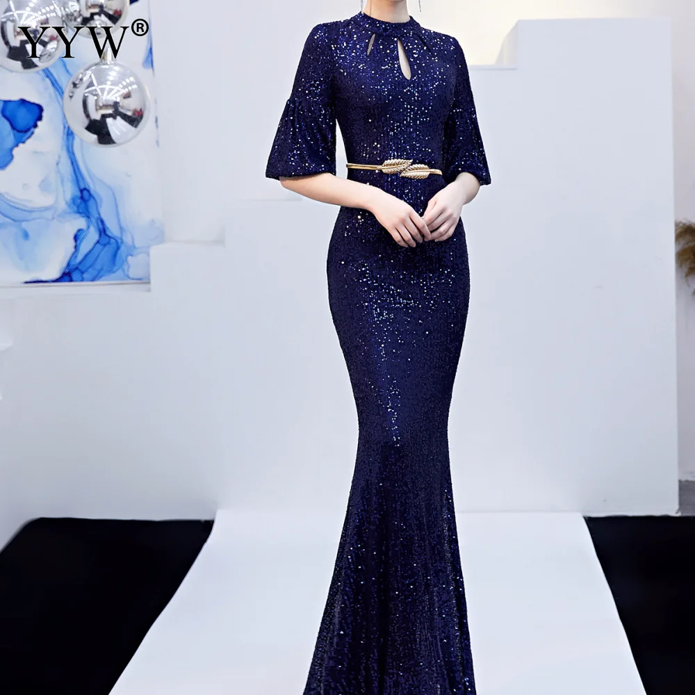 purplish blue Красное роскошное вечернее платье с блестками, женские открытые Длинные вечерние платья с рукавом до локтя, облегающее элегантное выпускное платье, сексуальные Клубные платья - Цвет: purplish blue
