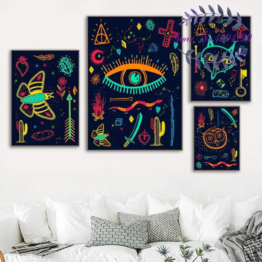 Boho Fantasy Abstract Eye Butterfly Cat Owl Fox Poster Canvas Art Print Home Room Decor | Дом и сад