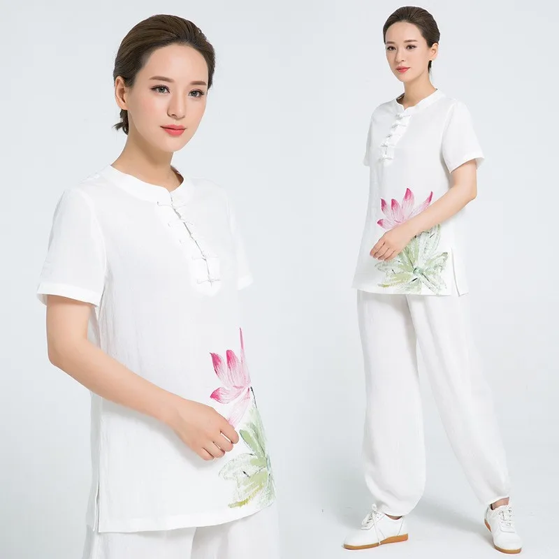Высококачественный льняной Женский комплект Wushu винтажная одежда с цветочным