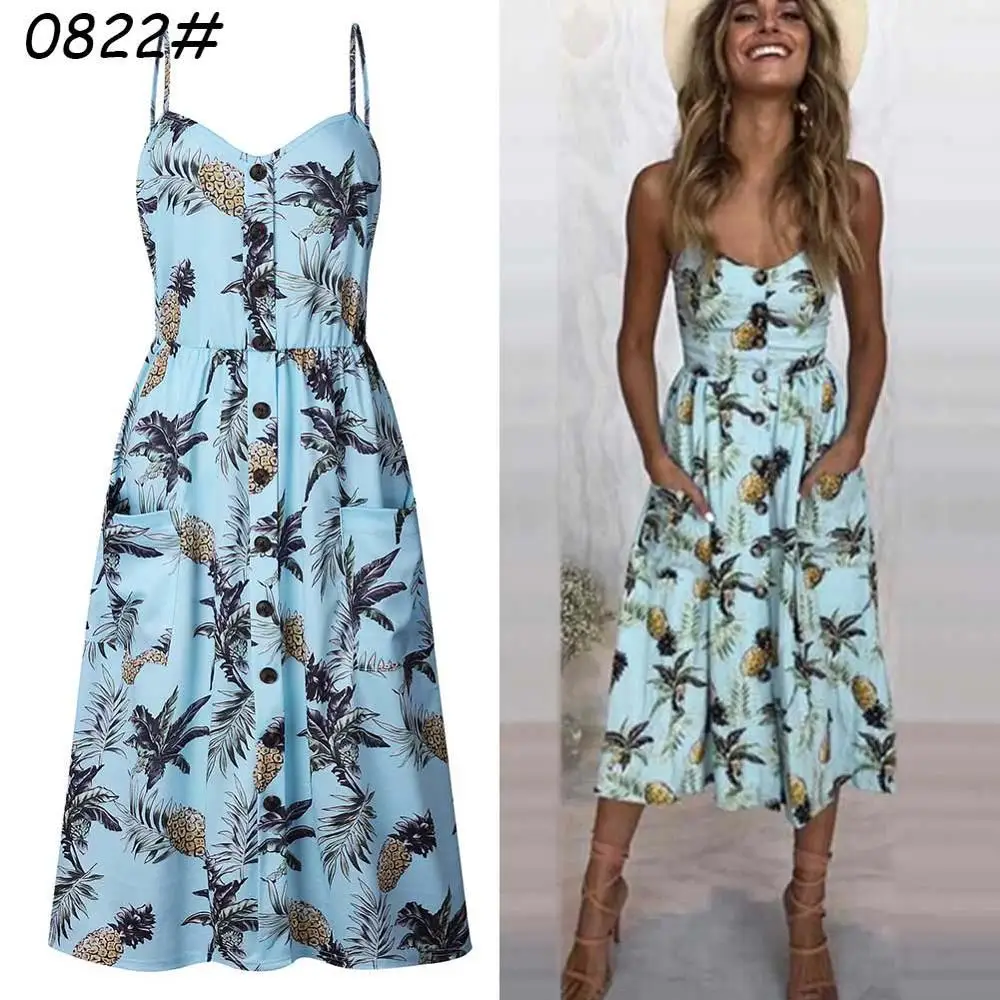0822 LightBlue BoLuo Spasril, женское платье на бретельках, стильный цветочный принт, сексуальные платья на бретельках с открытой спиной, летнее пляжное женское платье с карманами - Цвет: 0822 LightBlue BoLuo