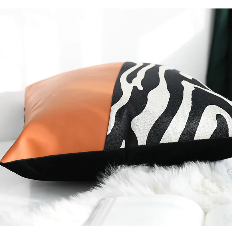 2022 Cushion Cover Decorative Pillow Case Modern Zebra Stripe PU Patchwork High Density Coussin Room Sofa Art Decor