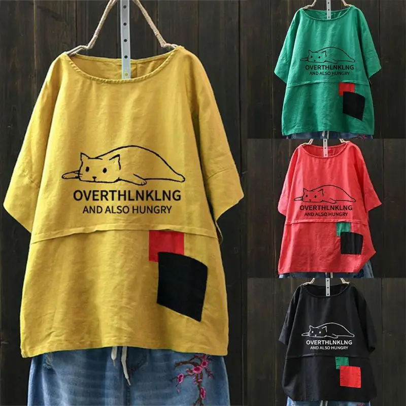 Женская свободная мешковатая Повседневная блузка из хлопка и льна с принтом кота
