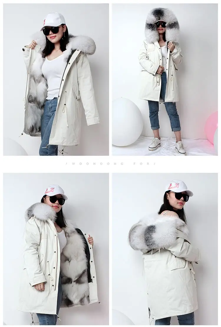 New Fashion Winter Women Real Fox Fur Coat Outerwear Female Naturel Fox Fur Collar Hooded Warm Thicken Jacket Plus Size H12