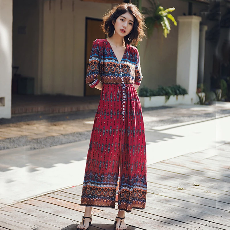 Женское богемное длинное платье кардиган с рукавом средней длины и глубоким v